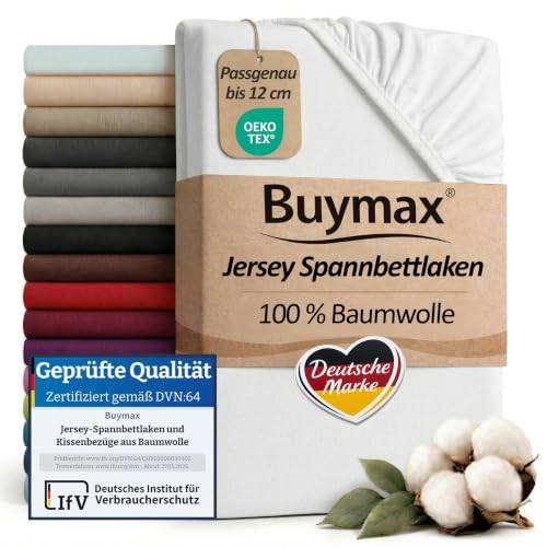 Buymax Topper Spannbettlaken 200x200 cm Spannbetttuch 100% Baumwolle Jersey für Matratzentopper bis 12 cm Matratzenhöhe Bettlaken für Boxspringbett Topper, Weiß