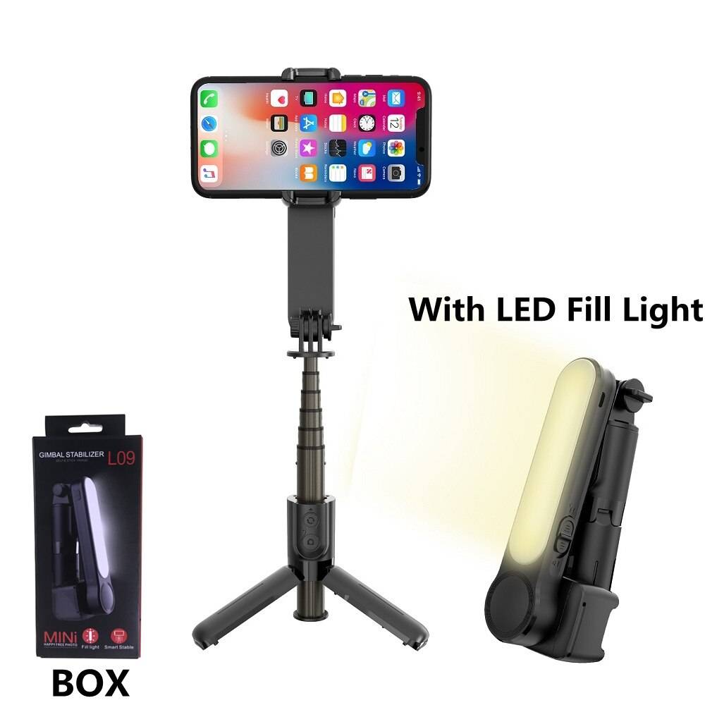 Fangtuosi trådlös bluetooth handhållen gimbal stabilisator mobiltelefon selfie stick stativ med fyllningsljus slutare för ios android - Svart med låda