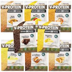 Vegan Proteinpulver Probenpaket 16x30 g Mix-Pack - alle Geschmacksvarianten in einer Mix-Box – 2 Proben je Geschmack – unglaublich lecker - pflanzliches Protein mit 73-81% Eiweiß | V-PROTEIN 8K Probe