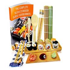 Sushi Maker Kit 11-teilig - Bambus Sushi Set Rollmatte und Servierset für Anfänger - 2 Matten, 5 Paar Essstäbchen mit Tasche, Reislöffel, Spreizer, Servierteller, Triplett-Soßenschale mit Ebook