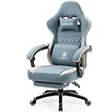 Dowinx Gamingstolstyg med fickfjäderkudde, massage, gamingfåtölj med fotstöd, ergonomisk PC-stol, gamingstol, kontorsstol, 150 kg lastkapacitet, blå