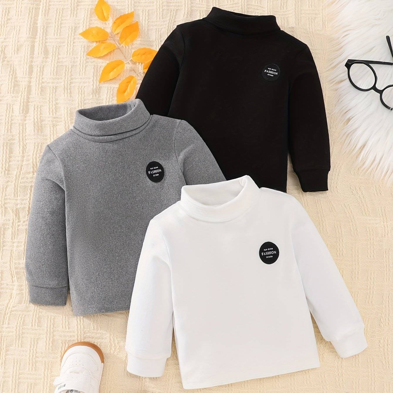 TEMU Boys' Autumn And Winter Fleece Simple High-neck Base Layer 3pcs For Outdoor Cold Protection Warm T-shirts