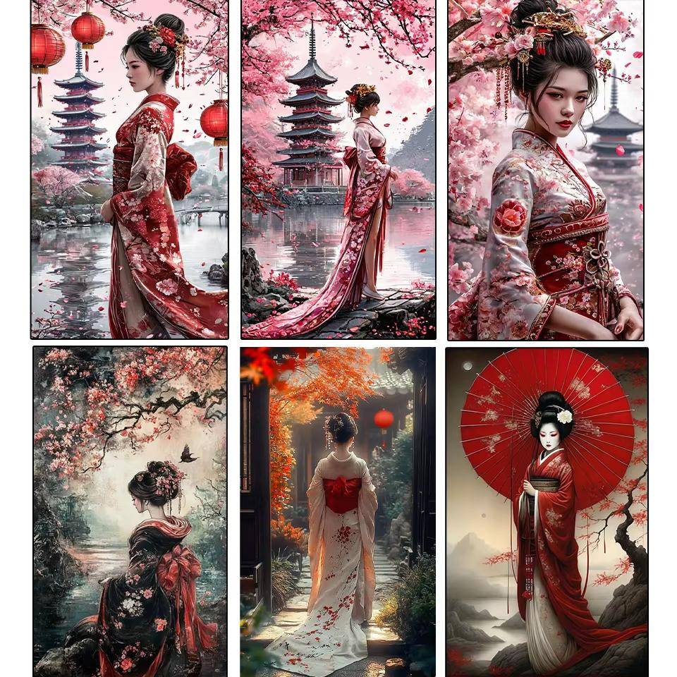 Sakura Pavilion Landskap och Japanska Kvinnors DIY Full Diamant Dekorativ Målning Diamantmosaik Korsstygnssats