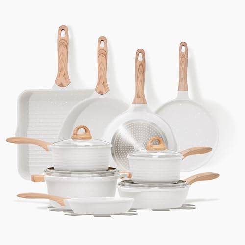 JEETEE Essentiella Kastrullset 23 Delar, Non-Stick Granitgryta Och Stekpanneset Med Lock, Induktion, Grillpanna, Kastrull Och Crêpepanna, Beige