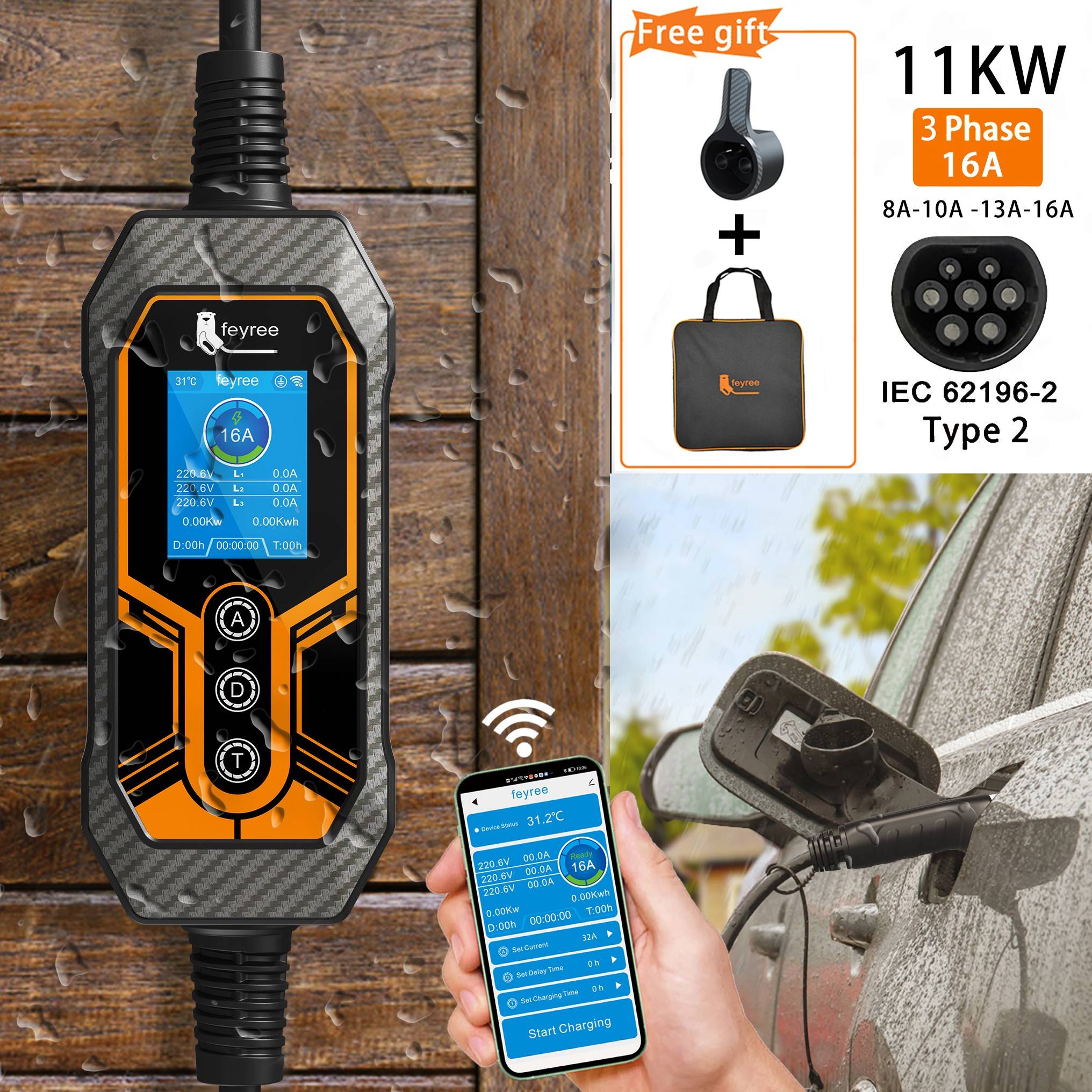 Feyree Type 2 Portable EV Charger 11KW 16A 3 Phase Wi-Fi APP Bluetooth Version EVSE Charging Cable 5m CEE Plug for Electric Car