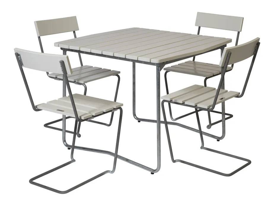 Grythyttan Stålmöbler B31 matgrupp Hvidlakeret ek/galvaniseret stål 4 stole & bord 84 x 92 cm