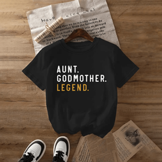 Dam T-shirt med rund hals i polyester, avslappnad stil, normal längd, med tant gudmor Legend bokstavstryck, för sommar stickad tygtopp - Svart - L,M,S,XL,XXL