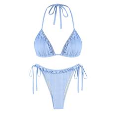 ZAFUL Damen-Bademode, Sexy, Einfarbig, Zweiteilig, Gerippt, Neckholder, Krawatte, Rüschen, Dreieck, Seitlich Gebunden, Tanga, String-Bikini-Set Set