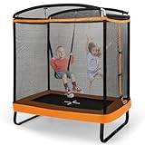 GOPLUS 2-i-1 barnstudsmatta, 190 x 124,5 x 210 cm trädgårdsstudsmatta, set med gunga, rektangulär utomhusstudsmatta med säkerhetsnät och kantskydd, fitnessstudsmatta för barn från 3 år (orange)