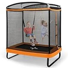 GOPLUS 2-i-1 barnstudsmatta, 190 x 124,5 x 210 cm trädgårdsstudsmatta, set med gunga, rektangulär utomhusstudsmatta med säkerhetsnät och kantskydd, fitnessstudsmatta för barn från 3 år (orange)