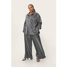 Plus Size Metallic Plisse Wide Leg Pants - silver - 46