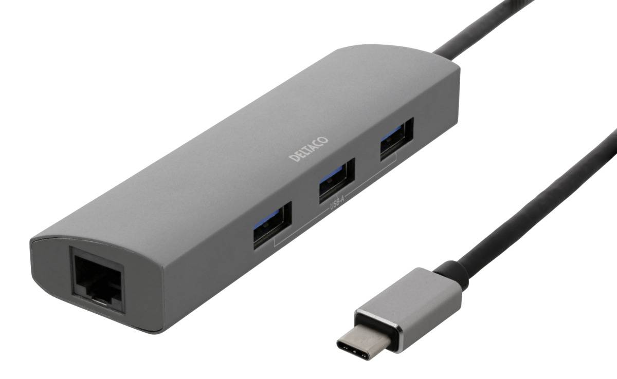 USB-C Hub Deltaco med RJ45 Nätverksadapter, 3x USB-A, 5 Gbit/s