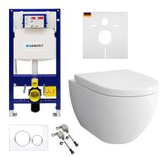Alpenberger Hänge WC Komplettset | Wand WC Spülrandlos mit WC Sitz mit Absenkautomatik | Dusch WC mit Geberit WC Spülkasten Bausatz Betätigungsplatte | Vorwandelement WC Set mit Schallschutz