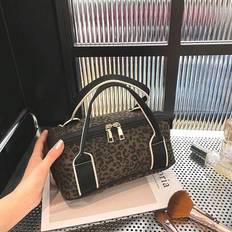 Women's Vintage Leopard Print Canvas Makeup Tote Bag â Large Capacity With Zipper Compartment, Easy To Organize, Stylish & Versatile Handheld Square - Coffee