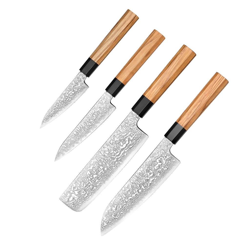 Japansk knivsæt | Paring Petty Nakiri Santoku | Damaskus Yuki-onna.