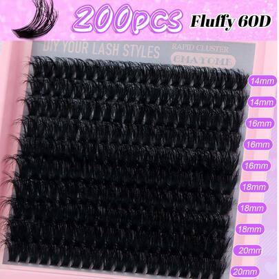 200 st/180 st/160 st/140 st/120 st 8D Lyxiga Fluffiga DIY Cluster Lashes - 14-20 mm Ögonfransförlängning med Blandad Längd, 0,07 mm Russian D Curl Tjo - Svart