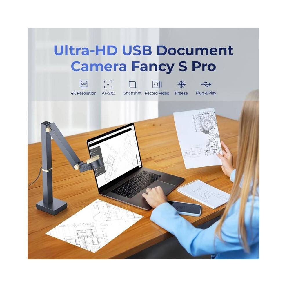 Fancy S Pro 12MP USB Document Camera 4K Webcam with Microphone and LED Light for Live Streaming, Web Conference