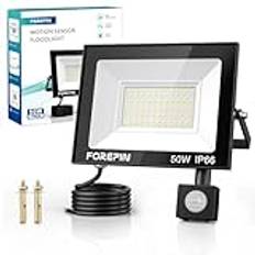 Forepin LED-projektor rörelsedetektor 50 W, 6500K kall vit LED-projektor, 72 lysdioder 4500LM säkerhetsbelysning, LED-spotlight med IP66-sensor vattentät för trädgård, garage, uteplats, entré