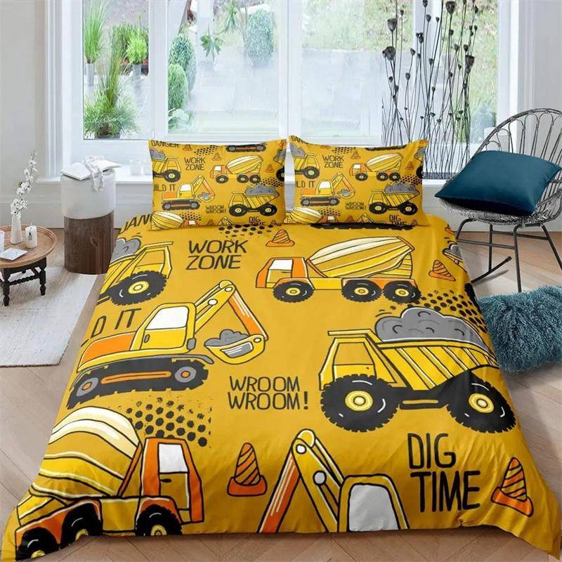 Grävmaskin Traktor Lastbil för Barn Pojkar Flickor Sovrumsinredning Byggfordon Tecknad Påslakan Kran Täcke 173x218cm 2pcs