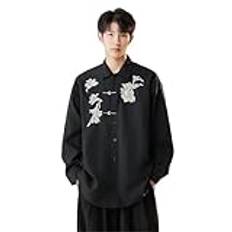 Herr höst mandarin krage skjorta med broderi lös passform koreansk stil långärmad topp, mattsvart, L