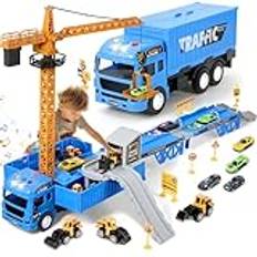 Bygglastbilar för barn, byggleksaker med utmatningsbana, bulldozer, grävmaskin, gaffeltruck, vägvält, gripbil, borrgrävmaskin Crane Construction Bilpresenter för pojkar, flickor 3-5 år 4-7
