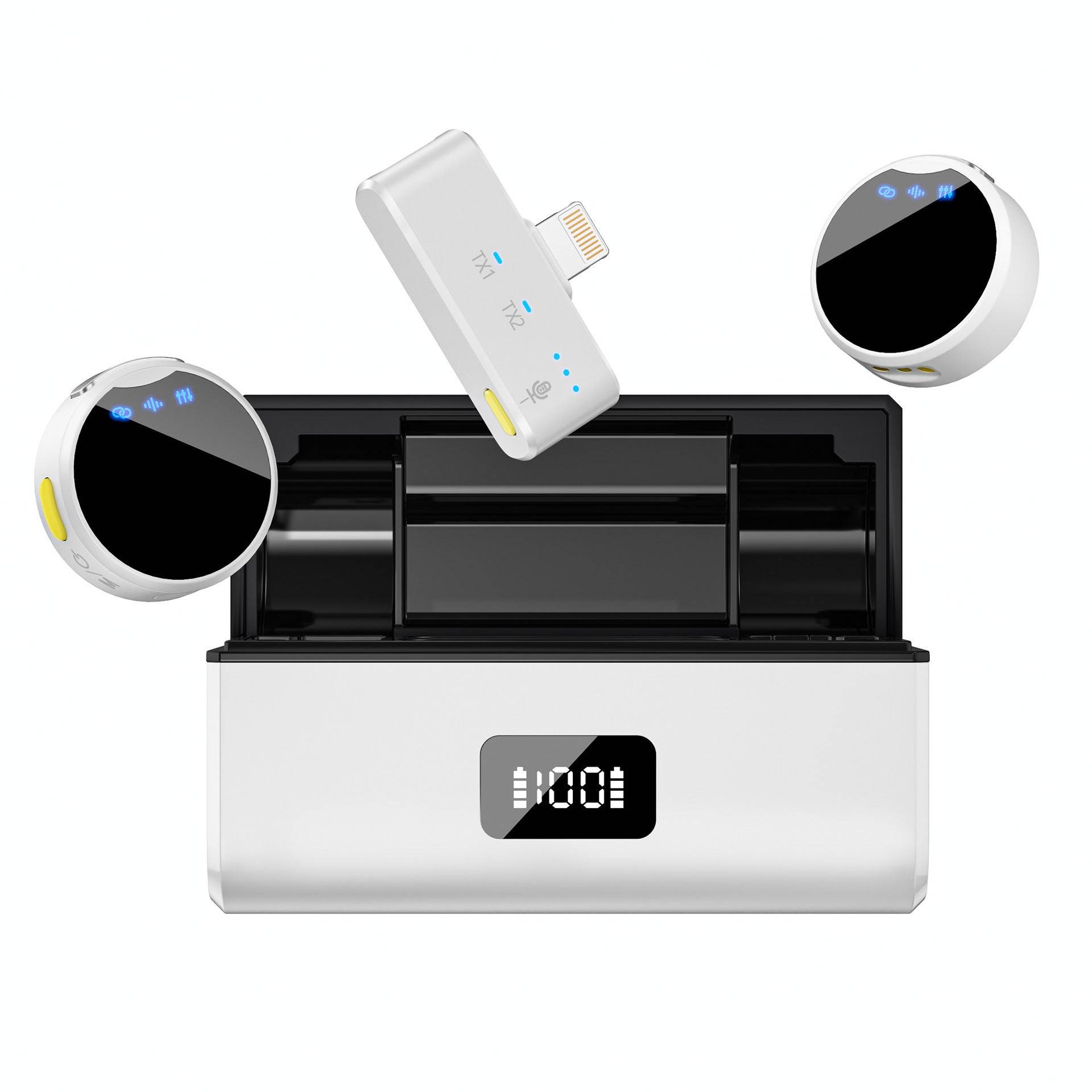 Wireless Collar Clip Microphone With Charging Bin Round One Drag Two Magnetic Button - White And Black / Lightning Interface