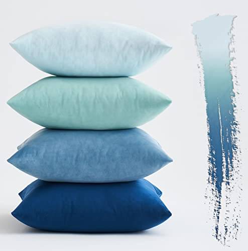 MIULEE Set med 4 dekorativa sammetskuddar soffa örngott super slät mjuk dekoration hem vardagsrum sovrum för soffa 45 x 45 cm fyrkantigt blått serie