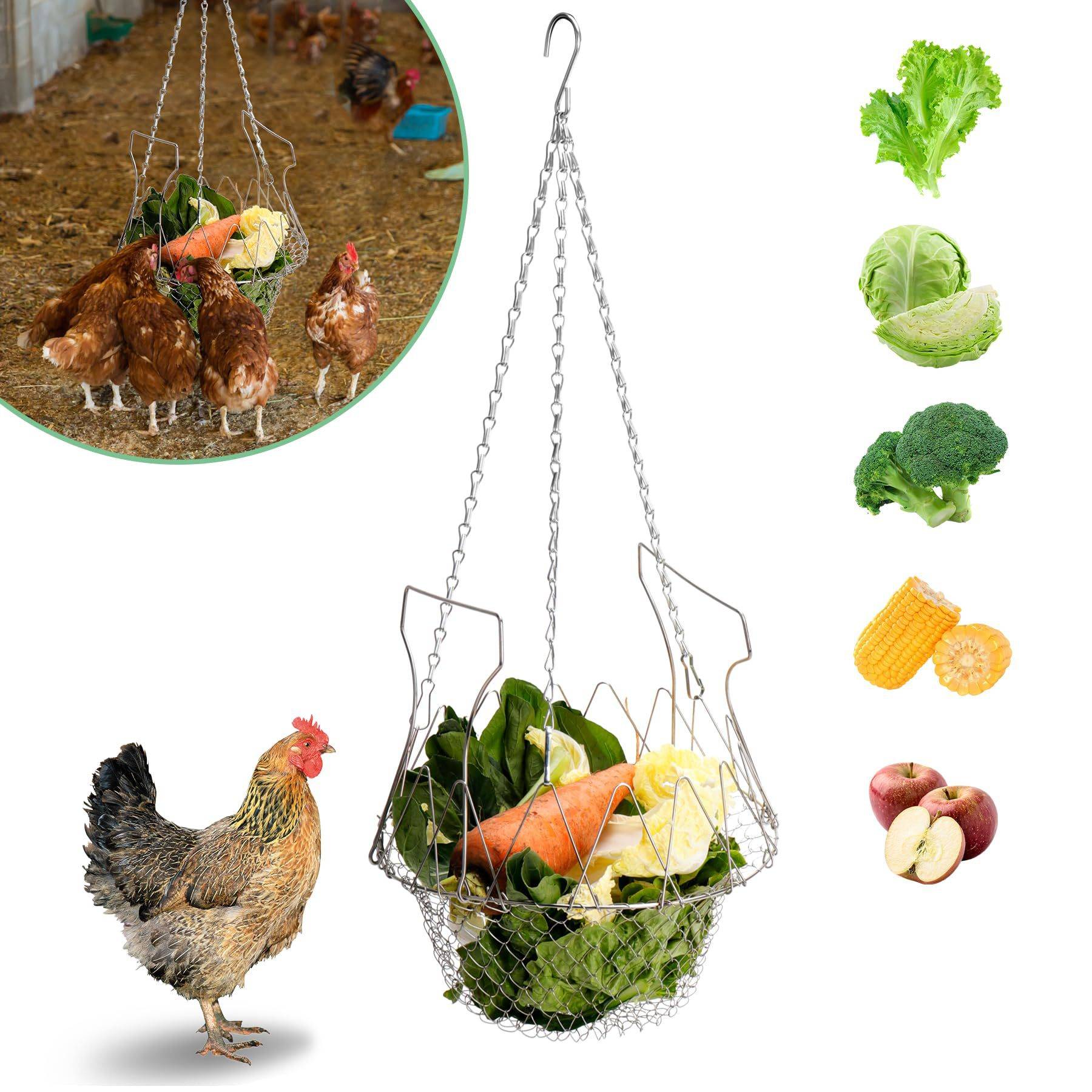 1 Hanging Metal Feeder Basket Suitable For Chickens, Ducks, And Geese - Features A Foldable Design With A Chain For Holding Vegetables, Fruits, And Treats - Perfect For Small Animals