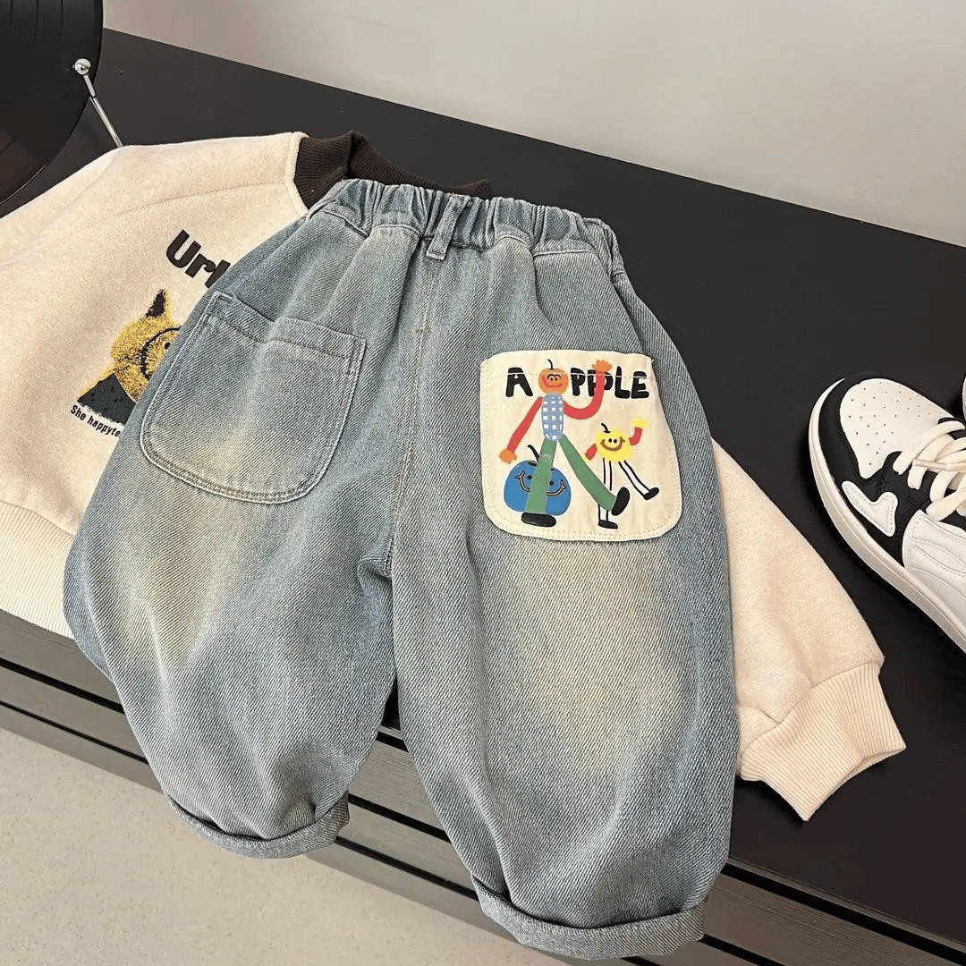 Mini Fashion™ - Jeans med raka ben - Avslappnade Jeans Äppeltryck / 100 (2-3 år) | Pedagogiska Träleksaker