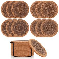 TOOINKCV 12 Stycken Korkunderlägg, 10 cm Glas Underlägg, Återanvändbara Absorberande Kopp Underlägg för Kaffe Bar Kök, Trä Mandala (Korkfärg)