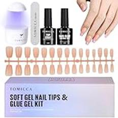 TOMICCA Soft Gel Nail Tips Kit Gel naglar Glue Set, Top Coat och Nail Glue Gel 180 stycken korta ballerina naglar tips, mini UV lampa naglar buffert/fil, tryck på nagelset med nagellampa, naken rosa