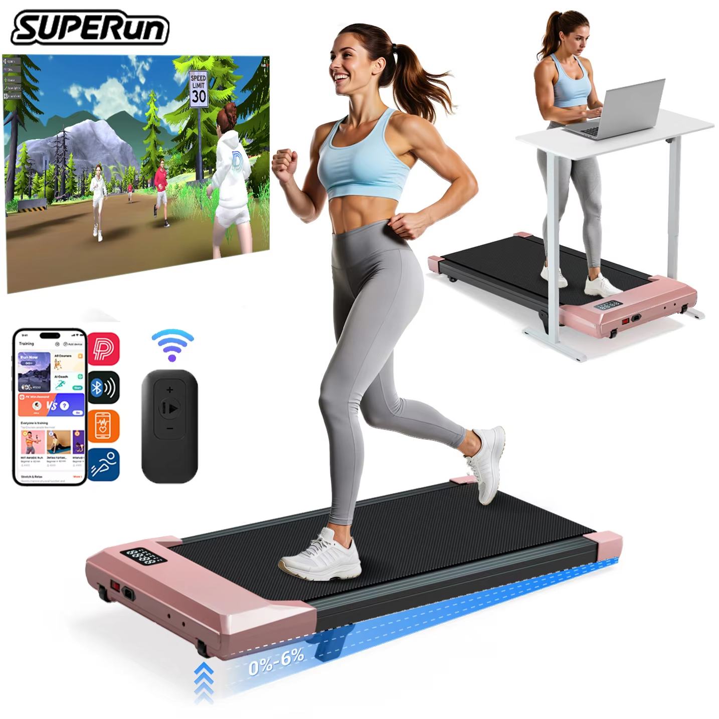 Foldable 6% Slope Under Desk Treadmills 2.5 HP Quiet Walking Pad Portable Remote Control LED Display 300LBS Exercise Walkingpad