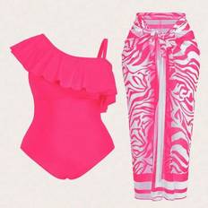 2 st Plus Size Dam Enfärgad Volangnedhängd Baddräkt & Kjol Set - Rosa (0XL,1XL,2XL,3XL,4XL)