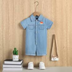 Bebis Pojke Söt Enkel Lampa Blå Tvätta Cartoontryck Lös Bekvämt Denim Romper - Ljustvätt (6-9M,9-12M,12-18M,18-24M,2-3Y)