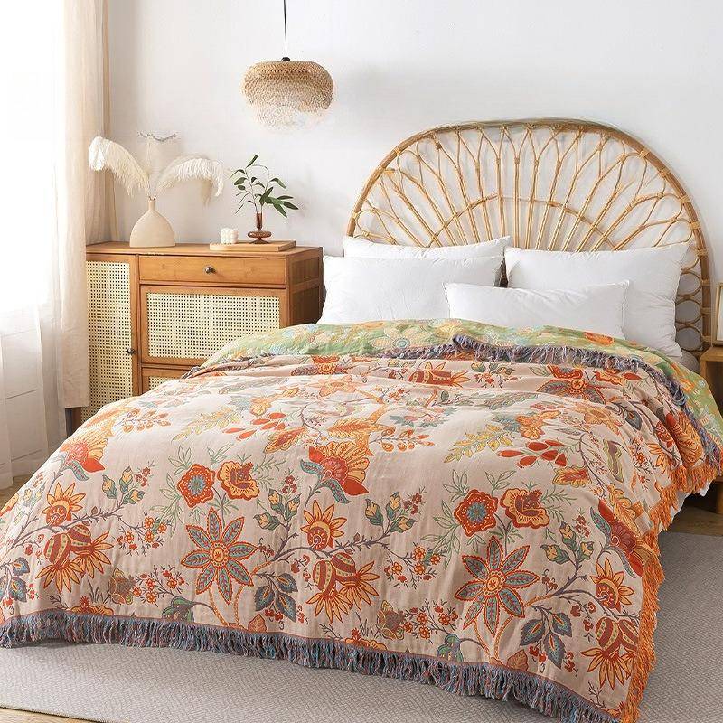 Vintage Boho Blommig Vävd Pläd med tofsar, Mjuk Mysig Dekorativ Filt för Säng Soffa, Premium Bohemisk Filt för Heminredning,