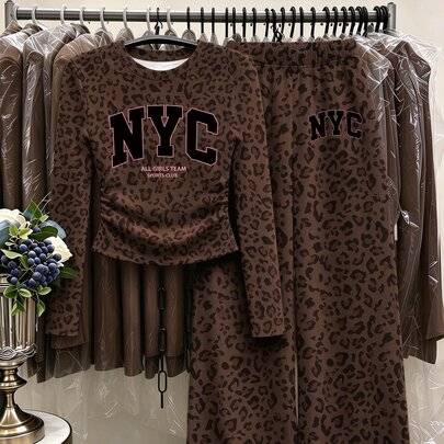 2-delat set för tweenflickor med leopardmönstrad långärmad topp med NYC-bokstäver och vida byxor, brunt, höstoutfit - Multifärgad (8Y,9Y,10Y,11Y,12Y)