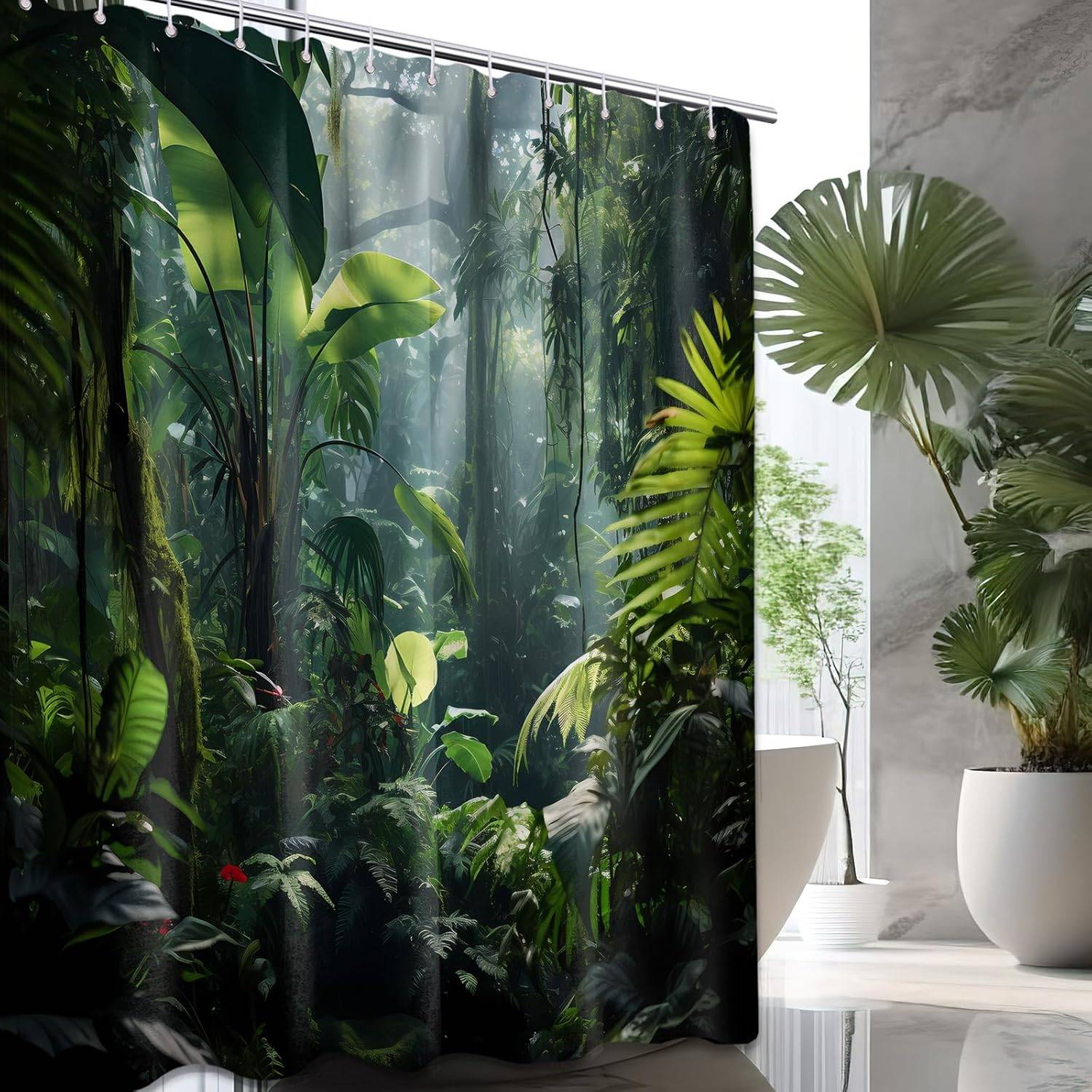 Grön djungel duschdraperi skog regnskog badrumsinredning med krok vattentätt tyg 180x180cm 90x180cm
