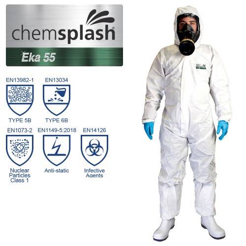 CHEMSPLASH EKA 55 COVERALL Vit skyddsdräkt, Microporous Eco, 2511 - TYP 5B / 6B, antistatisk, latex- och silikonfri