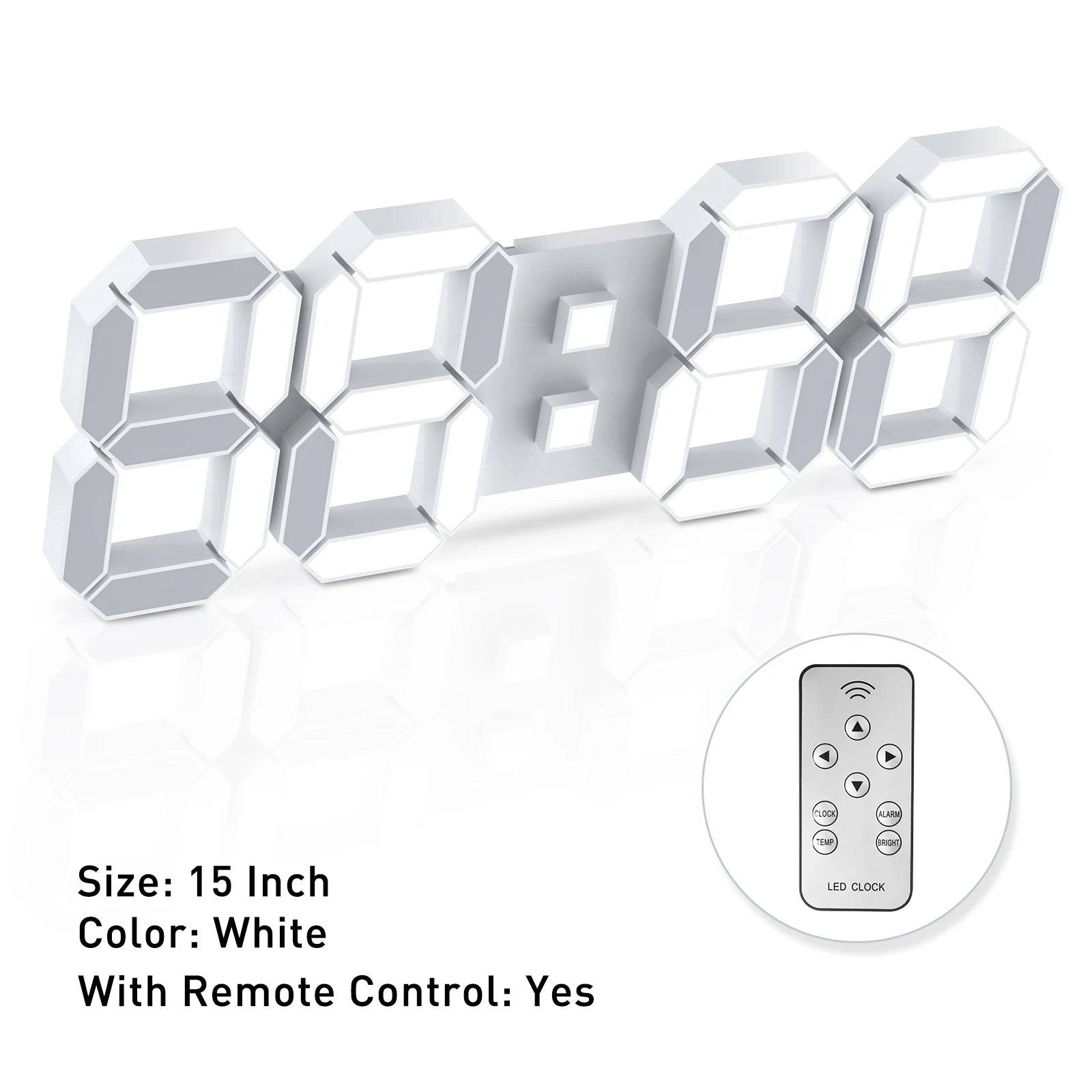 3D LED Wall Clock Large Digital Wall Clock With Remote Control Alarm Clock Time/Date/Temp Display Wall&Table Clock Modern Design - 15 Inch White
