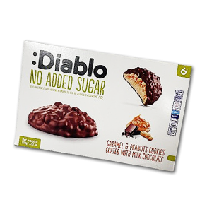 Diablo Fyldte Cookies<br />Karamel og peanuts overtrukket med mælkechokolade<br />Uden tilsat sukker