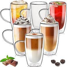 TKNO Set of 6 450ml Double-Walled Tall Coffee Glasses Mugs Cups with Handles, for Coffee Tea Latte Juice Ice Cream Borosilicate Heat-Resistant Large Glass Cups, Microwave Safe, Ideal Warm