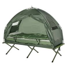 Campingtelt på ben med feltseng, sovepose og madras mørkegrøn