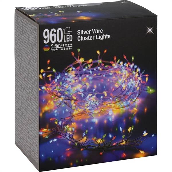 LED Cluster Lyskæde Silverwire 9,6 m med 960 LED - Multifarvet.