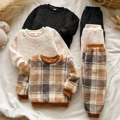 3 set för småbarnspojke med sweatshirt + joggingbyxor, söta i svart, beige och vitt med rutmönster, fluffig sherpa, lång ärm, rund hals, förtjockade, - Multifärgad (6-9M,9-12M,12-18M,18-24M,2-3Y)