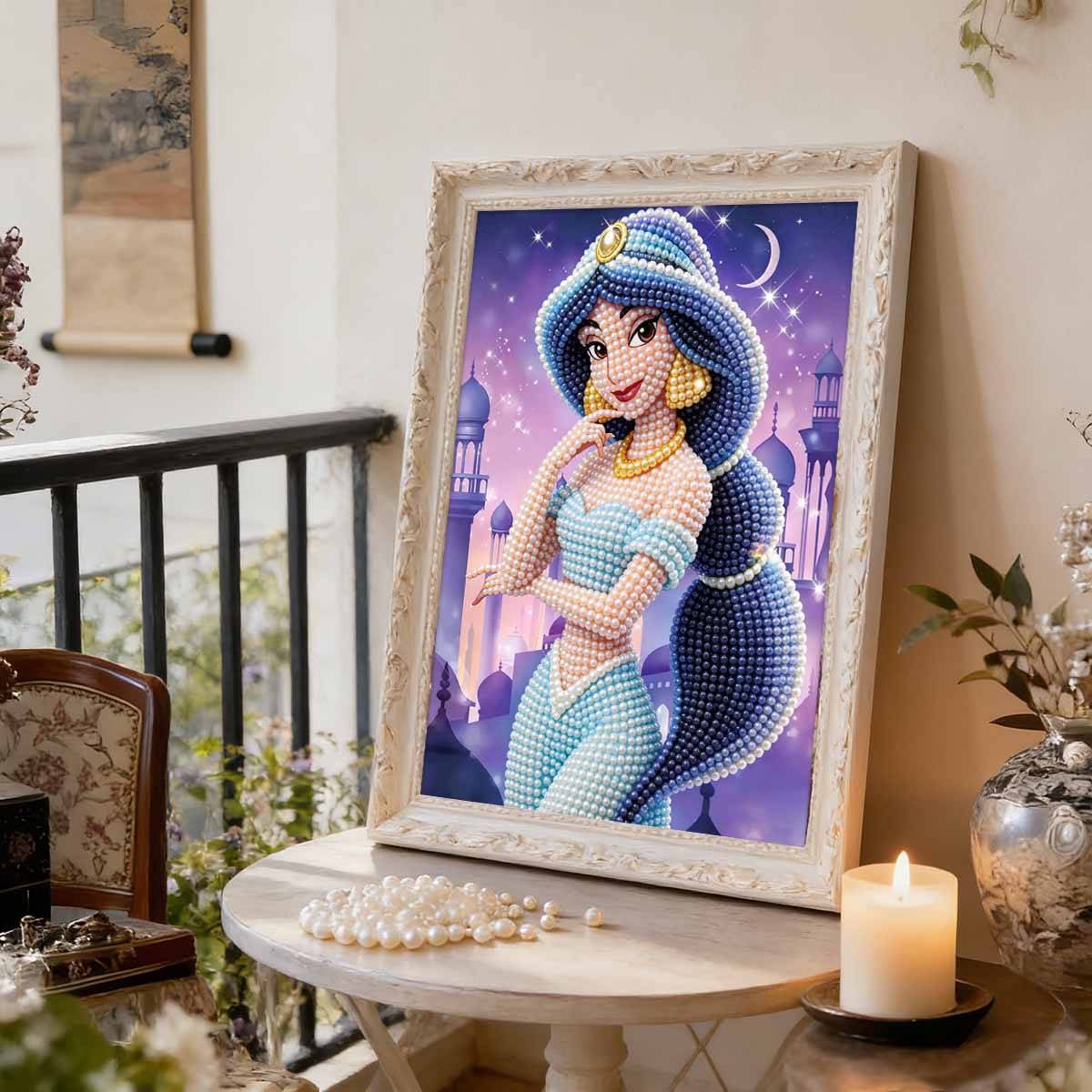 Starry Castle Jasmine New Pearl-Inlaid Frameless Art | Handmade Pearl Craft, Starry Moon Exotic Castle Theme, for Exotic Dreamy Decor 35x45cm