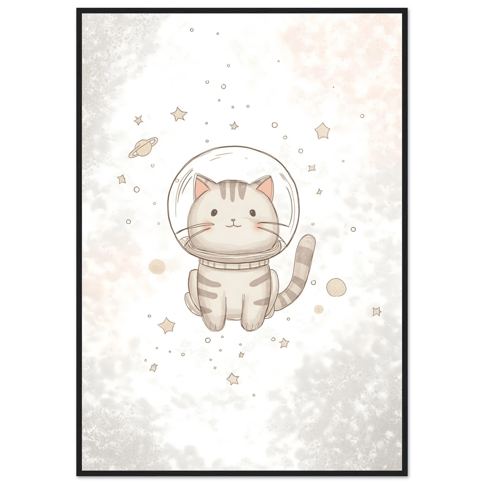Katt i rymden poster-70x100 cm / 28x40″ / Med ram / Svart
