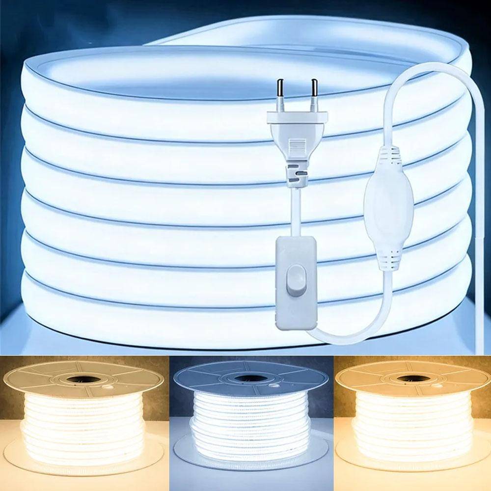 220V LED-remsa Vattentät Lins COB Flexibelt Band Med Strömbrytare/Dimbar EU-kontakt För Rum Sovrum Kök Utomhus Trädgårdsbelysning