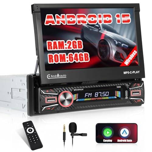 [2G + 64G] Carplay GPS bilradio 1 Din med automatisk infällbar skärm, Android 13 7 '' HD pekskärm bilradio med Navi WiFi Bluetooth Android Auto FM AUX TF USB Soporte bakifrån kamera