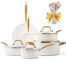 Keramiskt köksredskapsset, VONIKI Set med 16 st krukor och stekpannor, non-stick set med köksredskap, giftfritt köksredskapsset, vitt guld grytset för matlagning, ugn och diskmaskinssäker, present