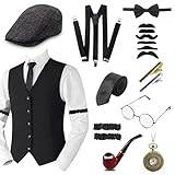 Set med 1920-tals herraccessoarer, maffiakarnevalskostym för män, tillbehörsset för 1920-talskostym med panamahatt, justerbara hängslen, slips, glasögon, Peaky Blinders-kostym, Gatsby-kostym